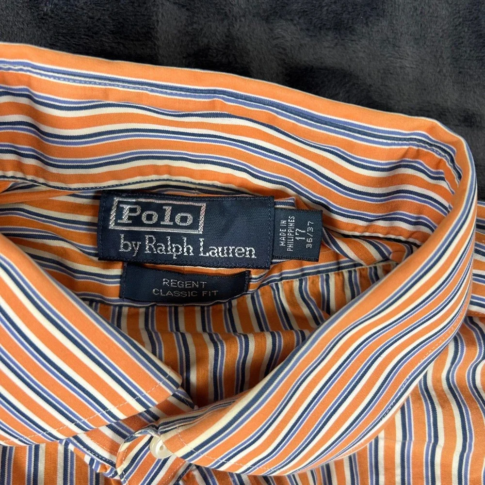 Polo Ralph Lauren Button Down Mens 17 36/37 Orange Striped Regent Classic Fit